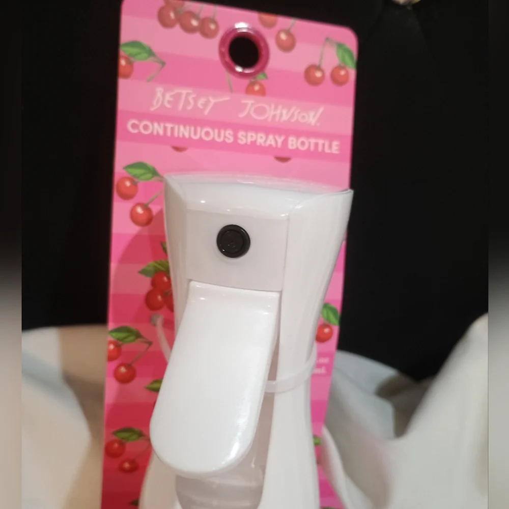 New Betsey Johnson Continuous Spray Bottle Clear Cherry Print W SpellOut 10.14oz